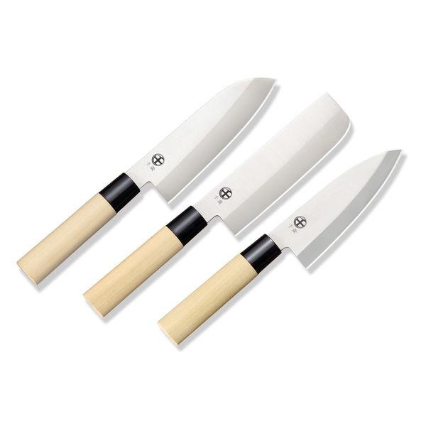 Chitose Japanese Knife 3-Piece Set Wood Handle Santoku, Nakiri & Deba