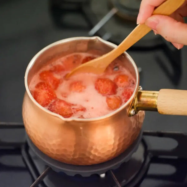 Chitose Wooden-Handled Hammered Copper Milk Pan With Pouring Lip 12cm