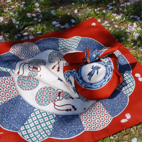 Furoshiki Imari Plate Gourd Pattern Red Cotton Wrapping Cloth 50cm
