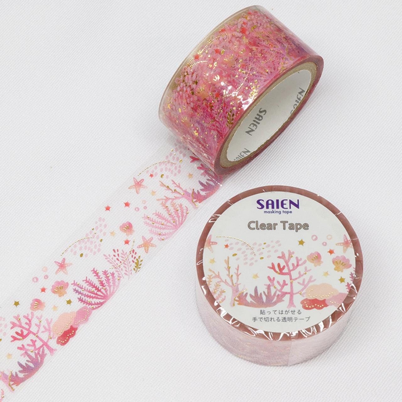 Kamiiso Saien Washi Tape Pink Coral Pattern With Gold Clear Tape 20mm