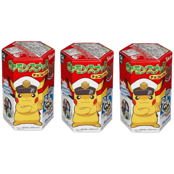 Tohato Pikachu Shaped Chocolate Corn Puff Snack + Pokemon Sticker 23g (Pack of 3)