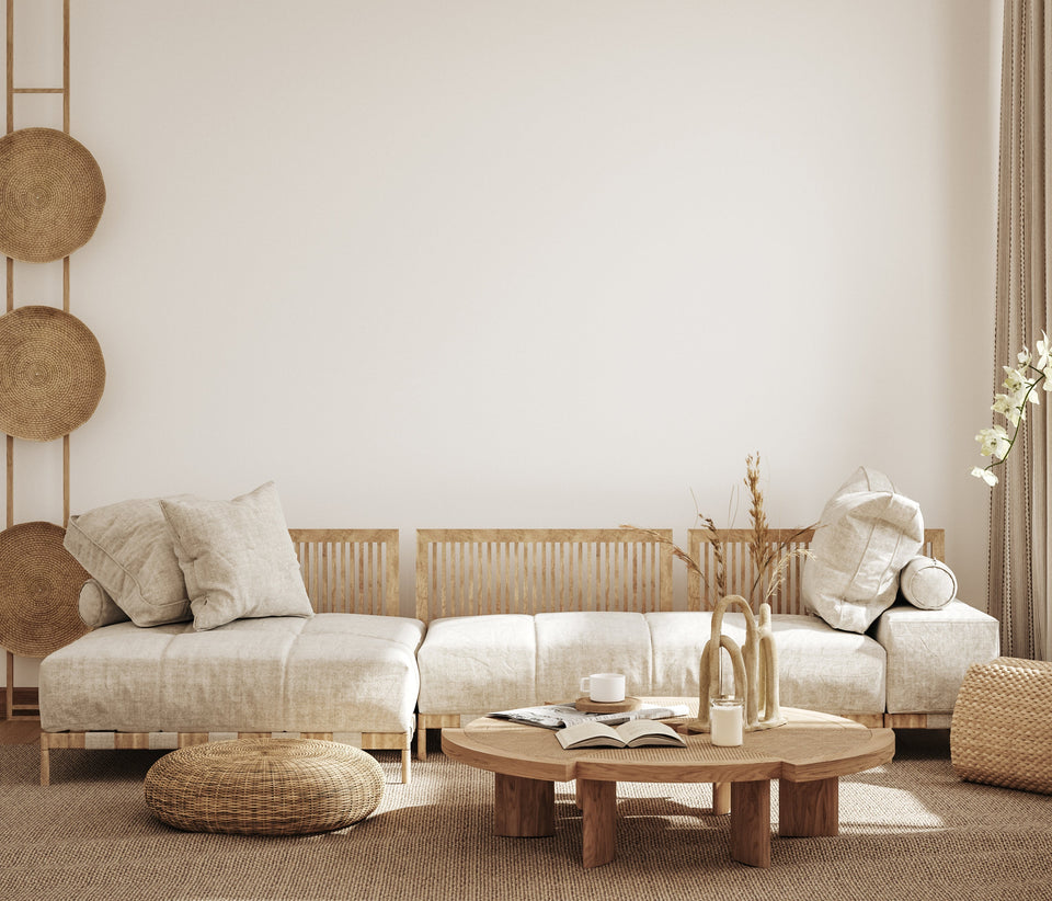 A serene Japandi living room with natural wood, soft textiles, and minimalist decor, blending Japanese and Scandinavian aesthetics.