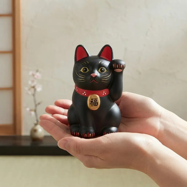Handmade Japanese Maneki Neko Lucky Cat Ceramic Figurine Black 12.5cm