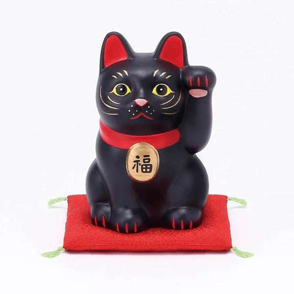 Handmade Japanese Maneki Neko Lucky Cat Ceramic Figurine Black 8cm