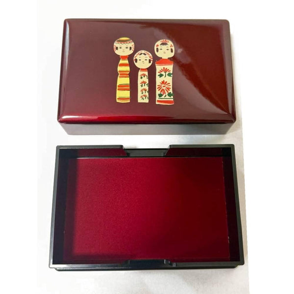 Red Lacquered Card Holder Case Kokeshi Wooden Dolls Design