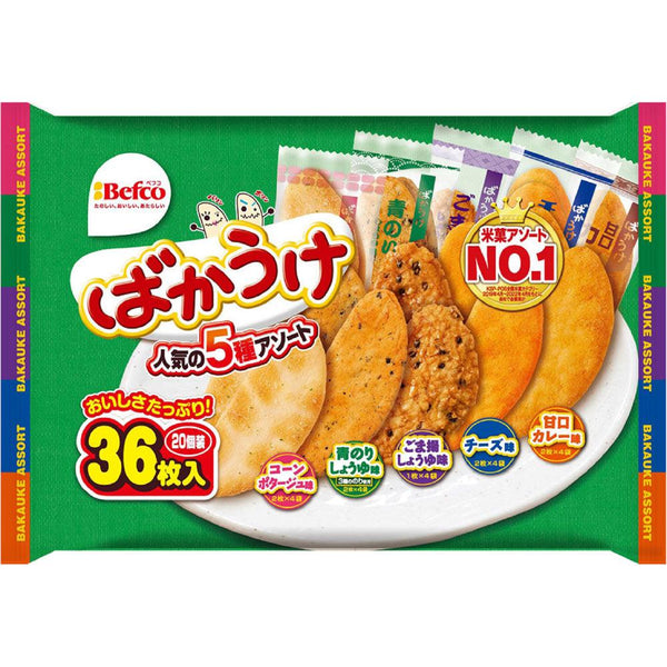 Befco Bakauke Senbei Rice Crackers 5 Flavors Assortment 36 Pieces, Japanese Taste
